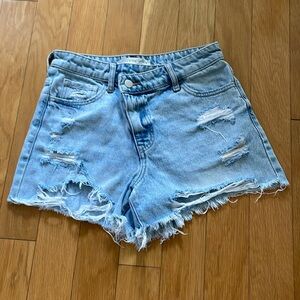 Distressed faded denim jean shorts